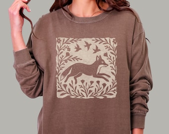 Woodland Fox Long Sleeved Tee | Linocut Style Folk Art Graphic Shirt