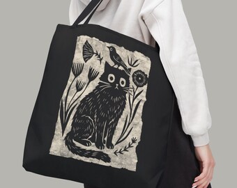 Floral Cat and Bird Tote