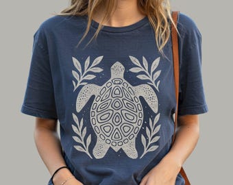 Sea Turtle Folk Art Tee | Linocut Style Coastal Graphic Shirt
