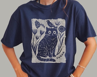 Camiseta con estampado floral de gato y pájaro / Camiseta con estampado de arte popular