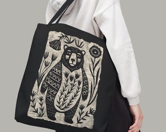 Floral Folk Art Bear Tote Bag