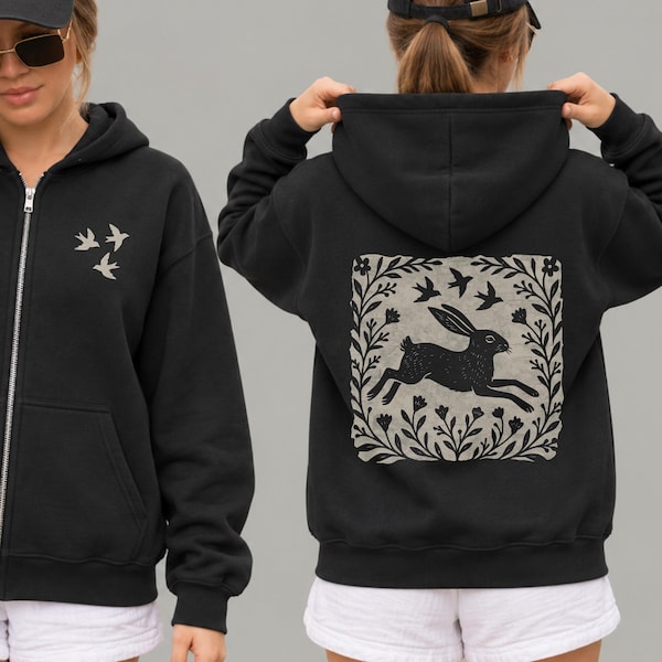 Wild Hare Folkart Zip-Up Hooded Sweatshirt | Linocut Style Rabbit