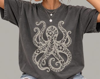 Floral Octopus T-Shirt | Folk Art Ocean Graphic Tee | Botanical Sea Life Design
