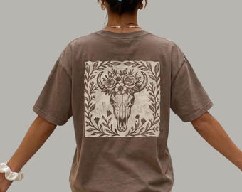 Floral Bull Skull Folk Art Tee | Western Graphic Shirt