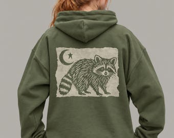 Raccoon & Moon Hoodie | Linocut Style Sweatshirt