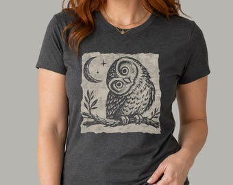 Women's Curious Owl and Moon Tee | Boho Bird Linocut Style Shirt