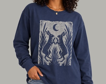 Folk Art Hare & Moon  Long Sleeve Tee | Forestcore Rabbit Shirt | Comfort Colors Shirt