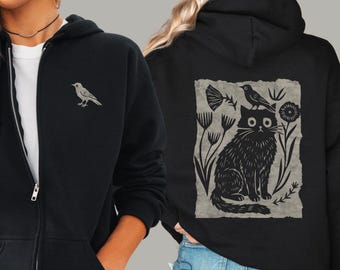 Floral Cat and Bird Zip Up Hoodie | Folk Art Graphic Sweatshirt