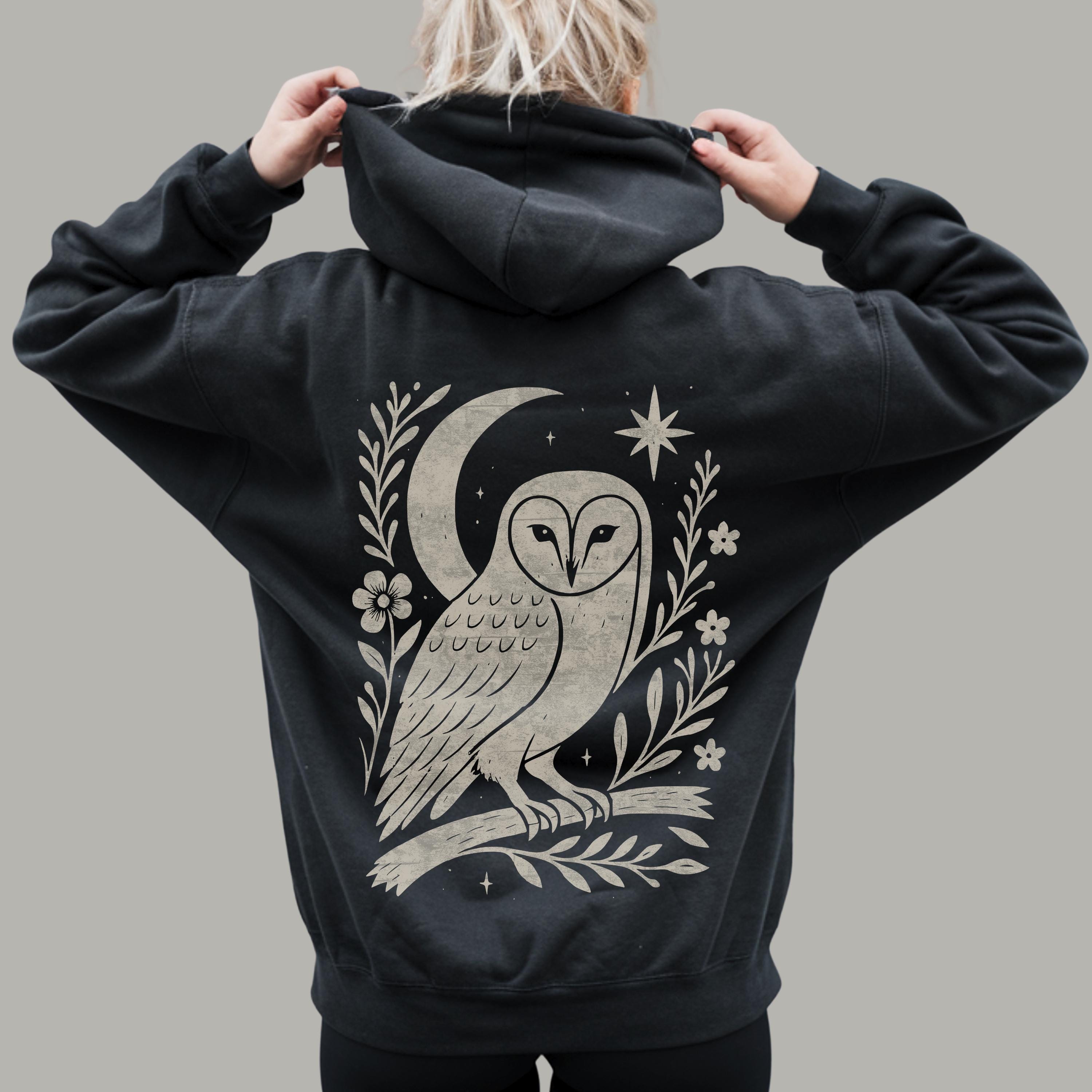 Owl & Moon Hooded Sweatshirt | Linocut Style Witchy Cottagecore Hoodie