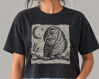 Boxy Crop Top Curious Owl & Moon Tee | Boho Bird Linocut Style Cropped Shirt
