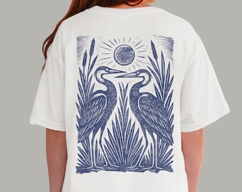 Heron Folk Art T-shirt | Linocut Style Graphic Bird Shirt