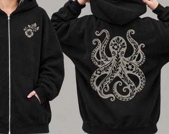 Floral Octopus Zip Up Hoodie | Sea Life Linocut Style Graphic | Coastal Sweatshirt