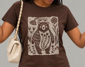 Women's Floral Forest Bear Tee | Vintage Inspired Folk Art Shirt