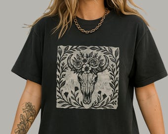 Floral Bull Skull Folk Art Tee | Western Graphic Shirt