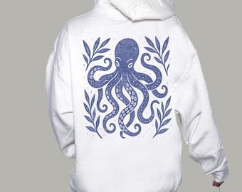 Octopus Zip Up Hoodie | Sea Life Linocut Style Graphic | Coastal Sweatshirt
