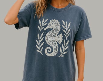 Seahorse Folk Art Tee | Linocut Style Coastal Graphic Shirt