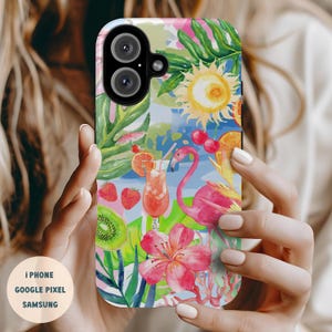 Tropical Summer Collage Phone Case, Fruit Aesthetic, Preppy Pink Scrapbook Style, Coconut Girl iPhone Case, Samsung Galaxy, Google Pixel