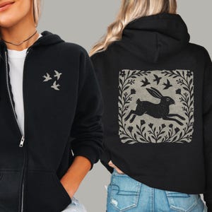 Wild Hare Folkart Zip-Up Hooded Sweatshirt | Linocut Style Rabbit