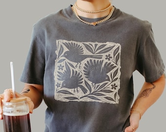 Boho Birds Tee | Cottagecore Botanical Nature Shirt | Linocut Style Graphic