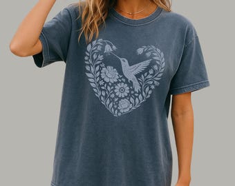 Hummingbird Heart Floral Tee | Botanical Bird Lover Graphic T-Shirt