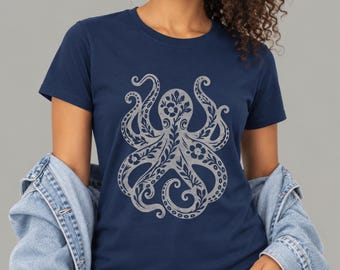 Women's Floral Octopus T-Shirt | Folk Art Ocean Graphic Tee | Botanical Sea Life Design
