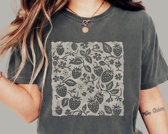 Strawberry Folk Art Shirt | Cottagecore Berry Tee | Botanical Comfort Colors T-Shirt