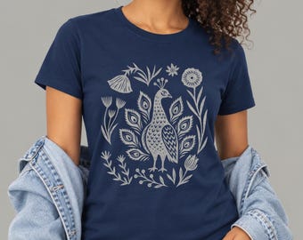 Women's Folk Art Peacock Shirt | Botanical Bird Comfort Colors Tee| Scandinavian Floral T-Shirt