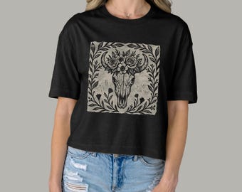 Boxy Crop Top Floral Bull Skull | Folk Art Tee