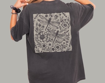Floral Dragonfly Shirt | Cottagecore Botanical Nature Lover Gift | Linocut Style Graphic Tee