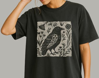 Floral Folk Art Raven Tee | Botanical Crow Shirt