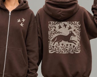 Woodland Fox Folkart Zip-Up Hooded Sweatshirt | Linocut Style Graphic Hoodie