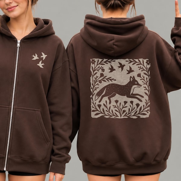 Woodland Fox Folkart Zip-Up Hooded Sweatshirt | Linocut Style Graphic Hoodie