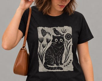 Women's Floral Cat and Bird Tee | Folk Art Style Graphic Shirt