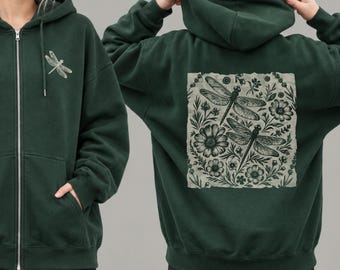 Floral Dragonfly Zip Up Hoodie | Cottagecore Nature Lover Gift | Linocut Style Graphic