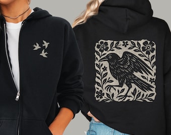 Gothic Raven Zip-Up Hoodie | Dark Academia Linocut Style | Witchy Crow Sweatshirt