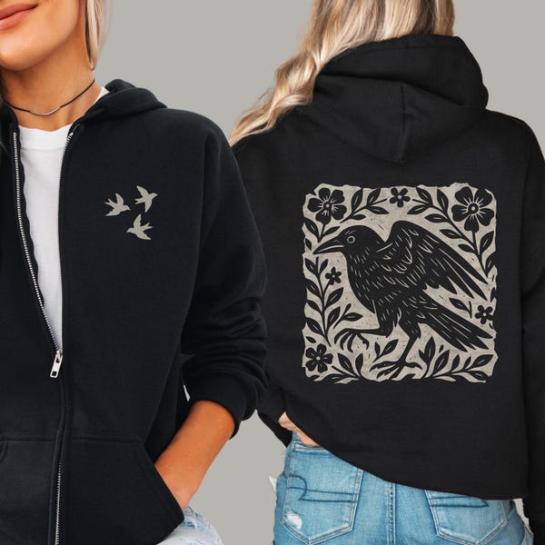 Gothic Raven Zip-Up Hoodie | Dark Academia Linocut Style | Witchy Crow Sweatshirt