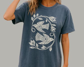 Botanical Birds Tee | Cottagecore Linocut Style Graphic Tee