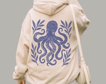Octopus Hoodie | Sea Life Linocut Style Graphic | Coastal Sweatshirt