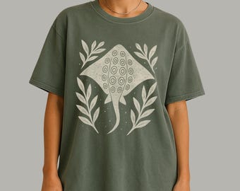 Stingray Folk Art Tee | Linocut Style Coastal Graphic Shirt