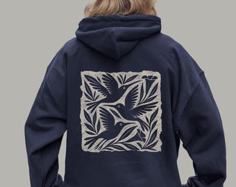 Hummingbird Linocut Style Hoodie | Folk Art Bird Graphic Sweatshirt