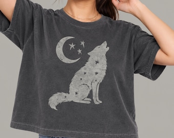 Boxy Crop Top Celestial Wolf & Moon Tee