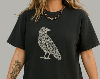 Woodland Raven Folk Art Tee | Botanical Crow Shirt