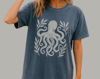 Octopus Folk Art Tee | Linocut Style Coastal Graphic Shirt