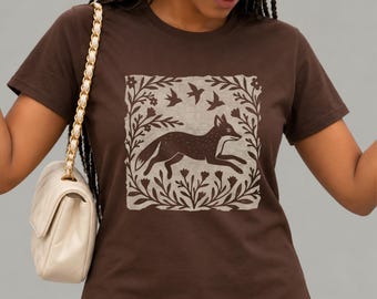 Women's Woodland Fox Folk-Art Shirt | Linocut Style Fox Tee