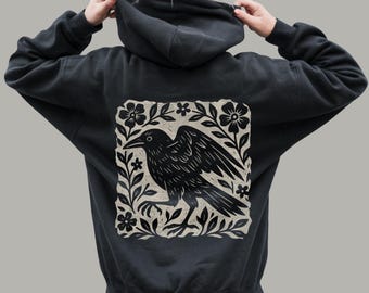 Gothic Raven Hoodie | Dark Academia Linocut Style | Witchy Crow Sweatshirt