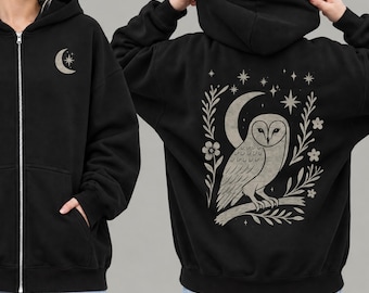Owl & Moon Zip-Up Hooded Sweatshirt | Linocut Style Witchy Cottagecore Hoodie