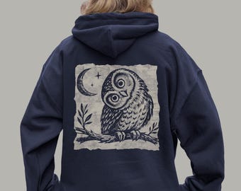 Curious Owl and Moon Hooded Sweatshirt