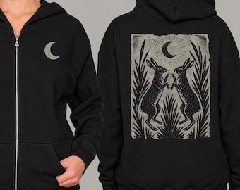 Folk Art Hare & Moon Zip Up Hoodie | Forestcore Rabbit Sweatshirt
