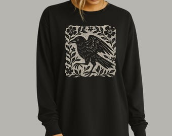 Gothic Raven Long Sleeve Comfort Colors Tee | Linocut Style Dark Academia | Witchy Crow