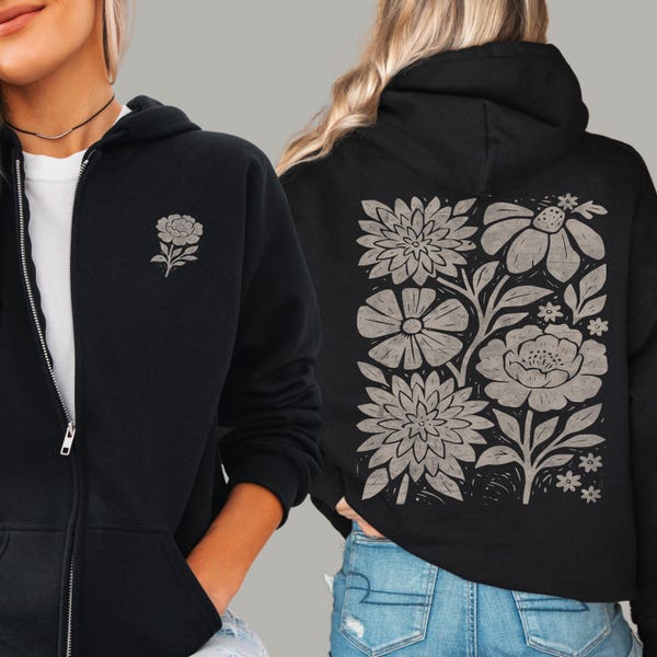Cottagecore Wildflower Zip-Up Hoodie | Boho Floral Linocut Style Graphic Sweatshirt